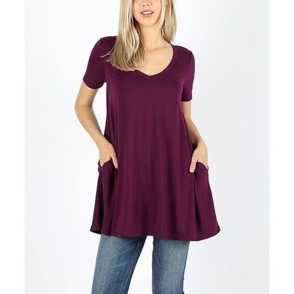 NWT ZENANA PREMIUM V-NECK SHORT SLEEVE POCKET TUNIC DARK PLUM SMALL - Picture 1 of 4